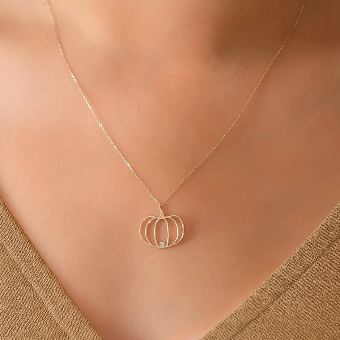 Pumpkin Necklace, Gold Pumpkin Pendant Necklace, 14K Solid Gold, Halloween Jewelry, Trick or Treat, Engraved Gift, Thanksgiving Jewelry