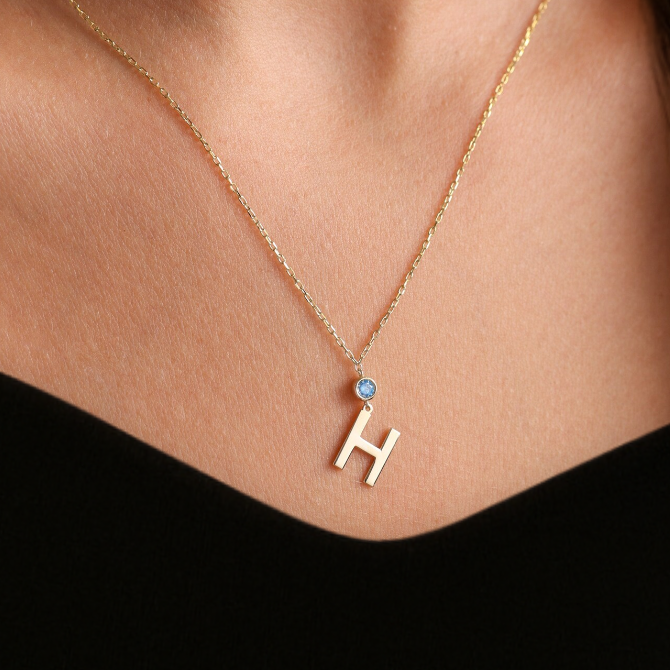14K Solid Gold Initial Necklace with Birthstone, Custom Initial Necklace