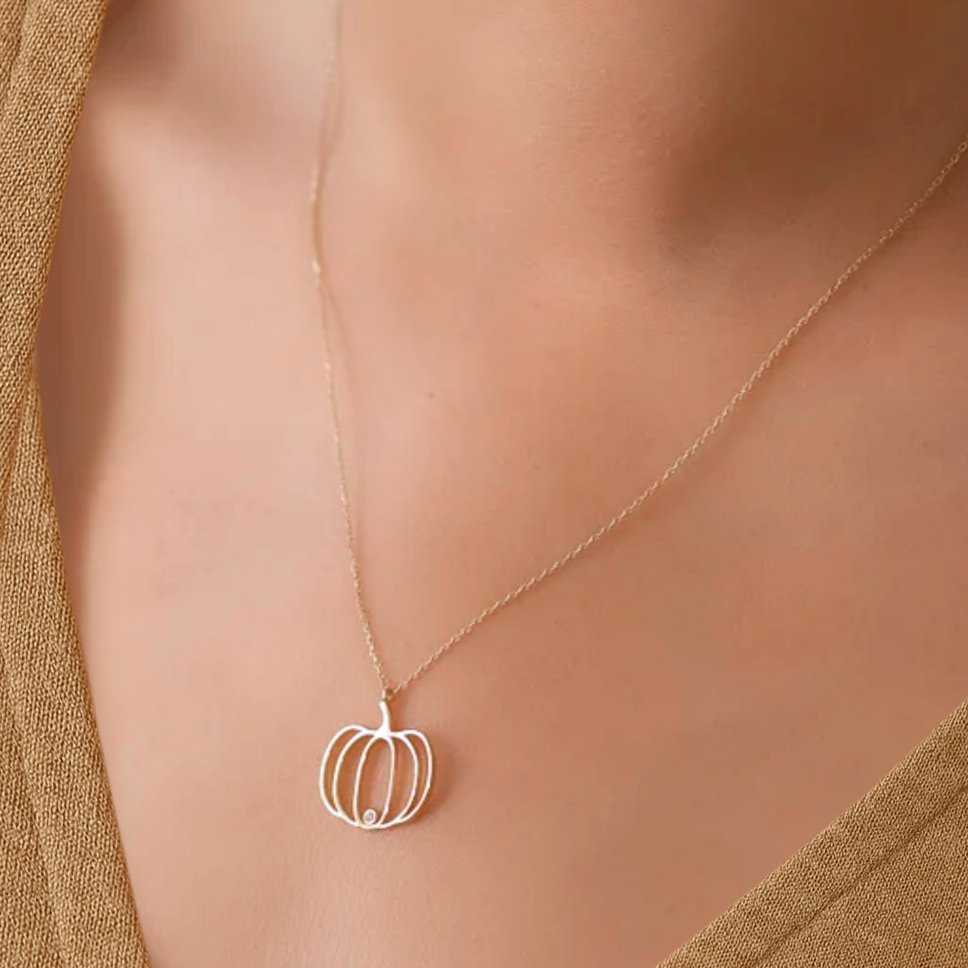 Pumpkin Necklace, Gold Pumpkin Pendant Necklace, 14K Solid Gold, Halloween Jewelry, Trick or Treat, Engraved Gift, Thanksgiving Jewelry