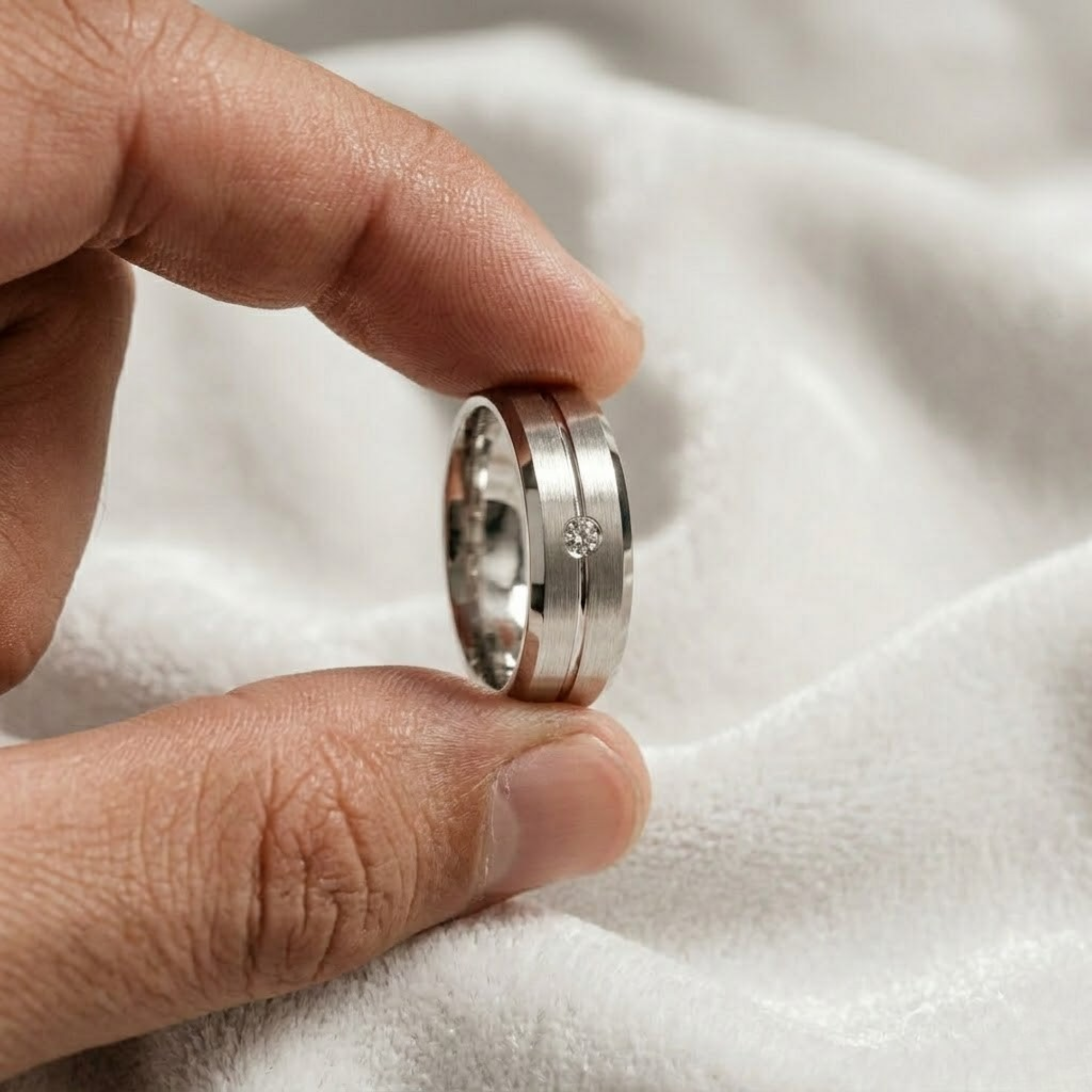 14K Flush Set Men's Diamond Wedding Band with Beveled Edges