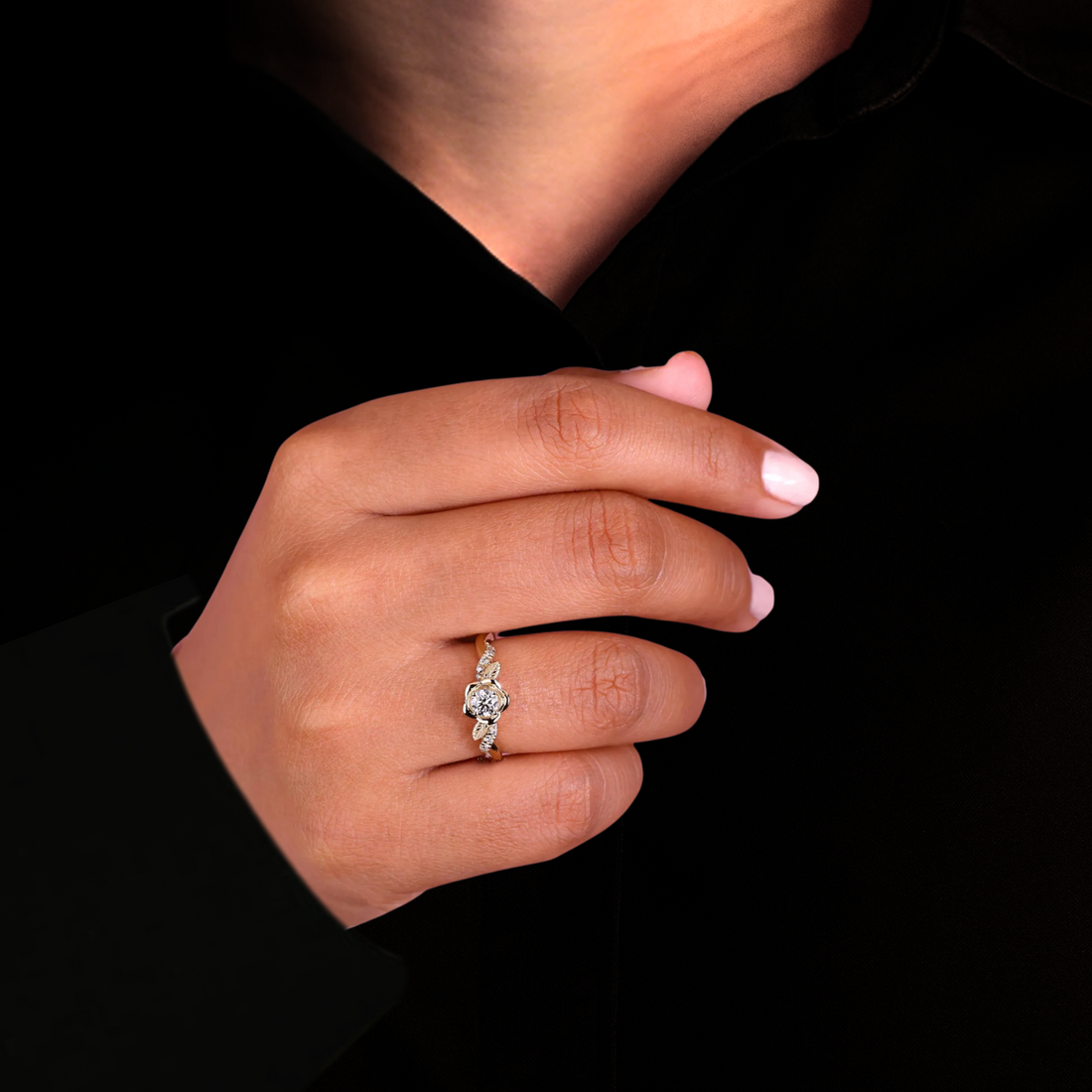 14K Gold Flower Diamond Engagement Ring Rose Gold Lab grown Inspired Leaf Wedding Ring