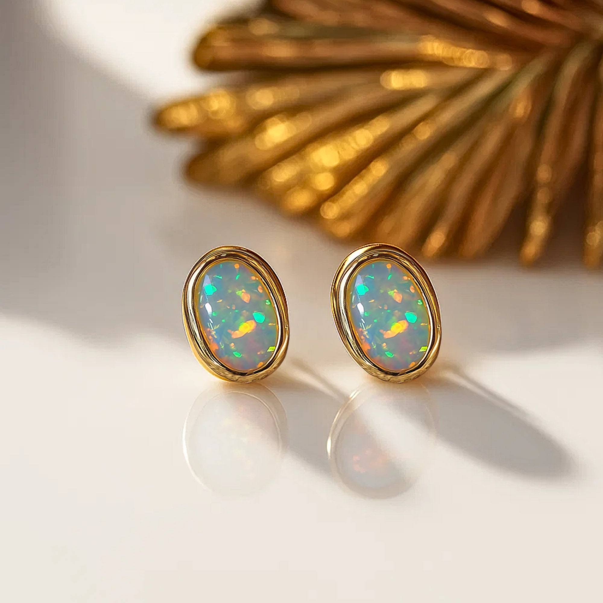 Gold Minimalist Oval Opal Stud Earrings