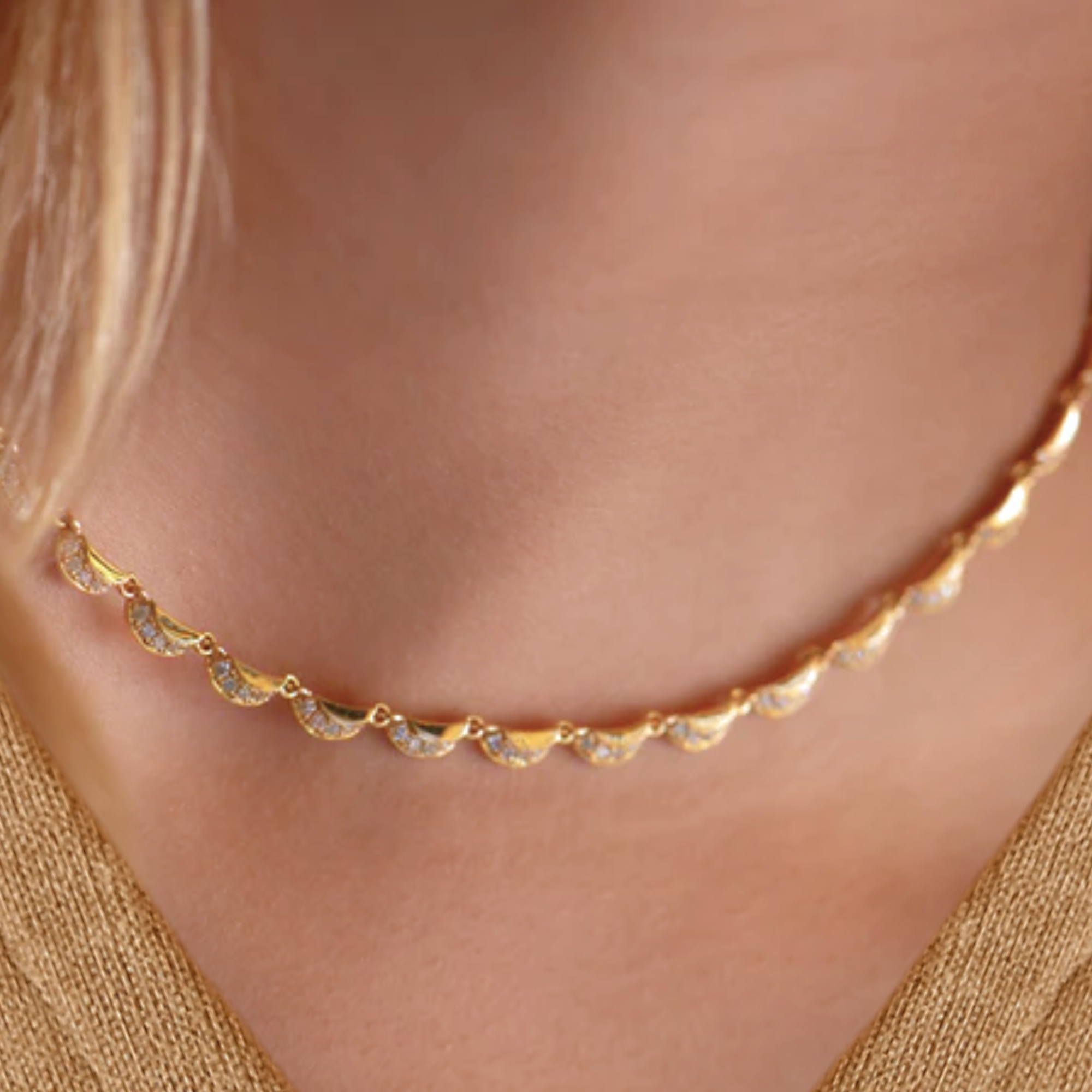 14K Gold & Diamond Crescent Moon Linked Choker