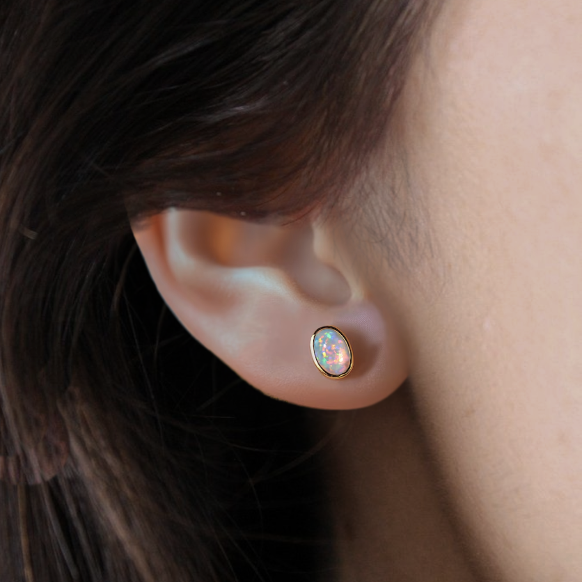 Gold Minimalist Oval Opal Stud Earrings