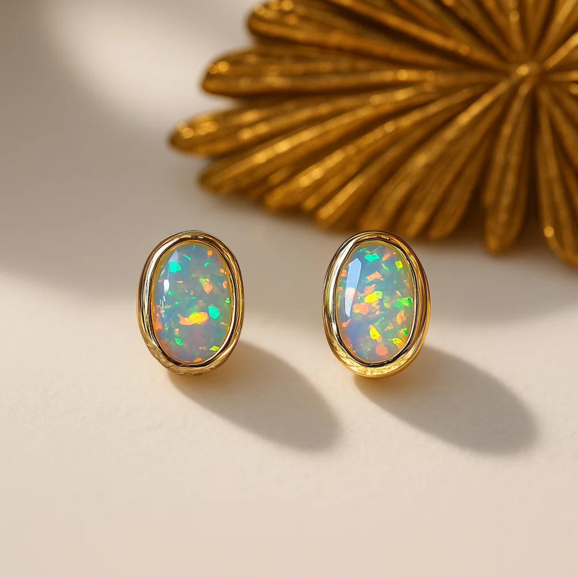Gold Minimalist Oval Opal Stud Earrings