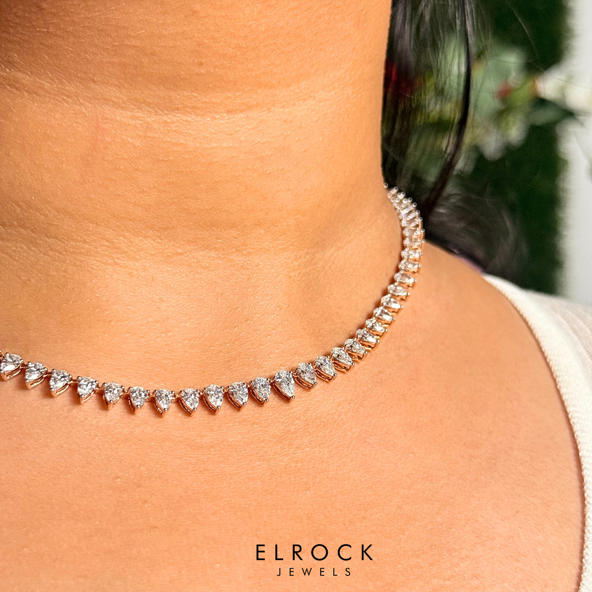 14K Solid Gold Pear Diamond Tennis Necklace 