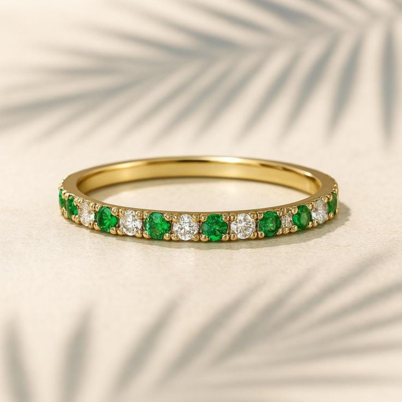 14K Solid Gold Alternating Emerald Eternity Band | Full Eternity Stackable Birthstone Band