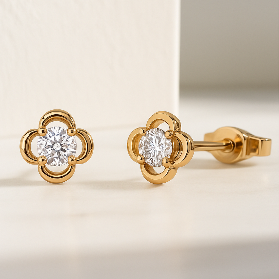 14k Gold Lab Diamond Flower Clover Classic Dainty Stud Earrings for Women