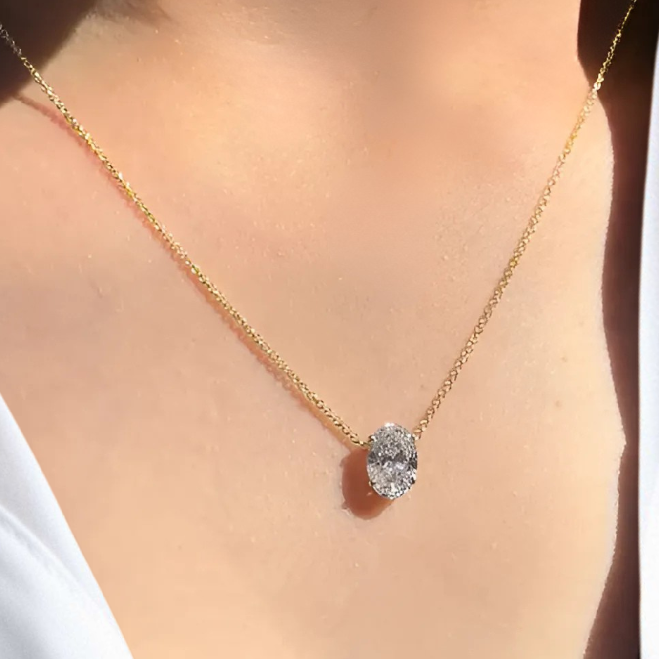 14K Gold 1.56 Ct Diamond Necklace, Lab Grown Diamond Oval Pendant