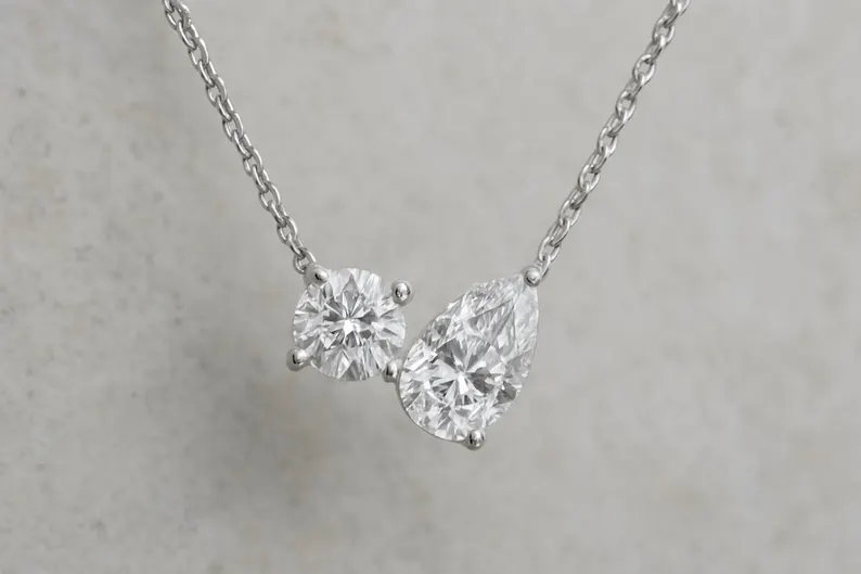14K Toi et Moi Lab Grown Diamond Necklace, 14K Gold 1.55 ctw Round & Pear Cut Diamond Necklace, Unique Lab Grown Diamond Pendant, Birthday Gift