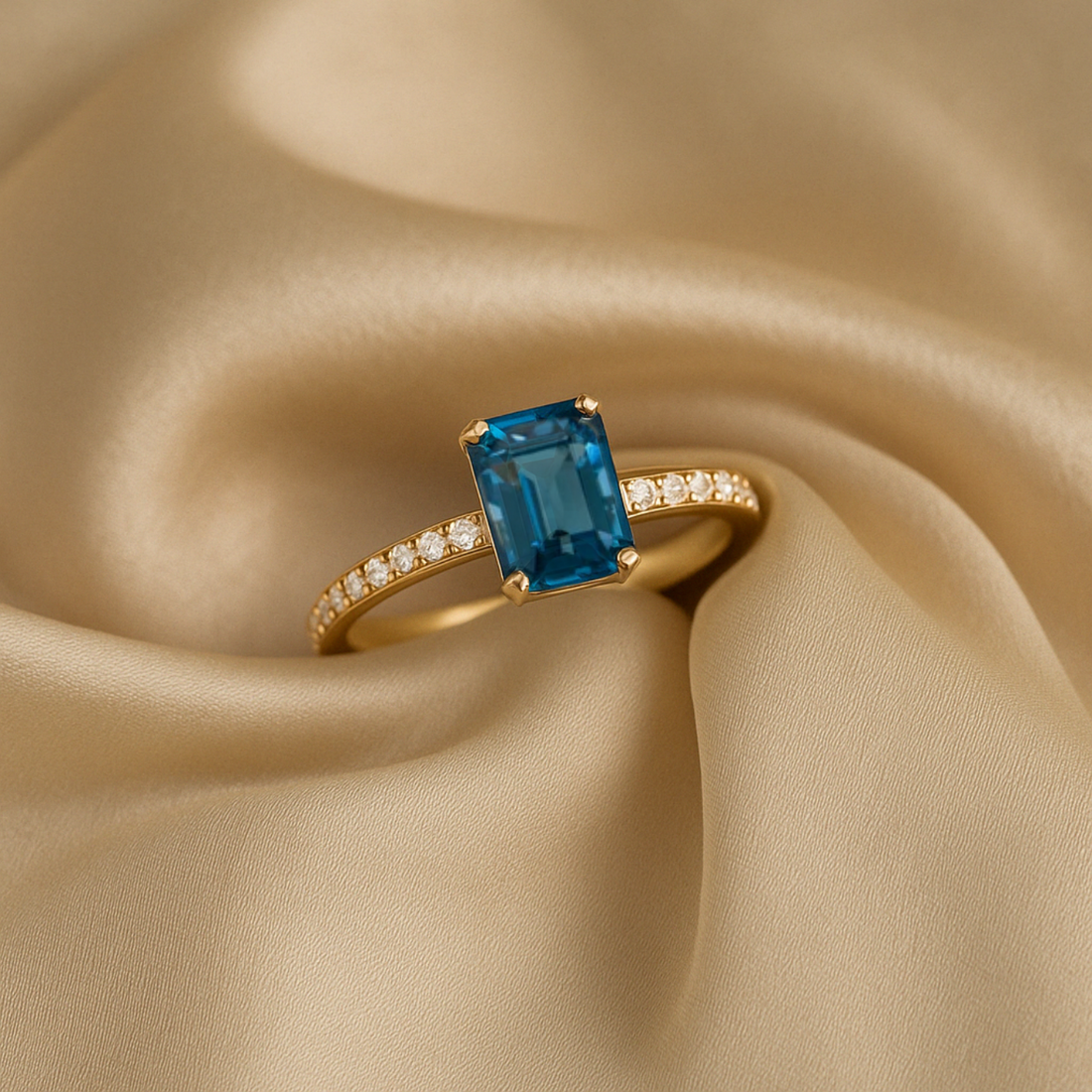 London Blue Topaz & Diamond Ring, Emerald Cut Engagement Ring with Lab Grown Halo – Stunning December Birthstone Jewelry,14k solid gold