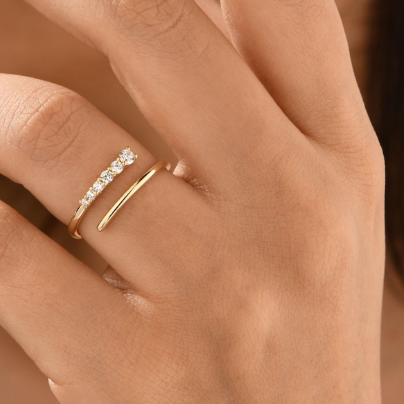 14K Solid Gold Spiral Open Ring, Lab Diamond Wrap Around Ring