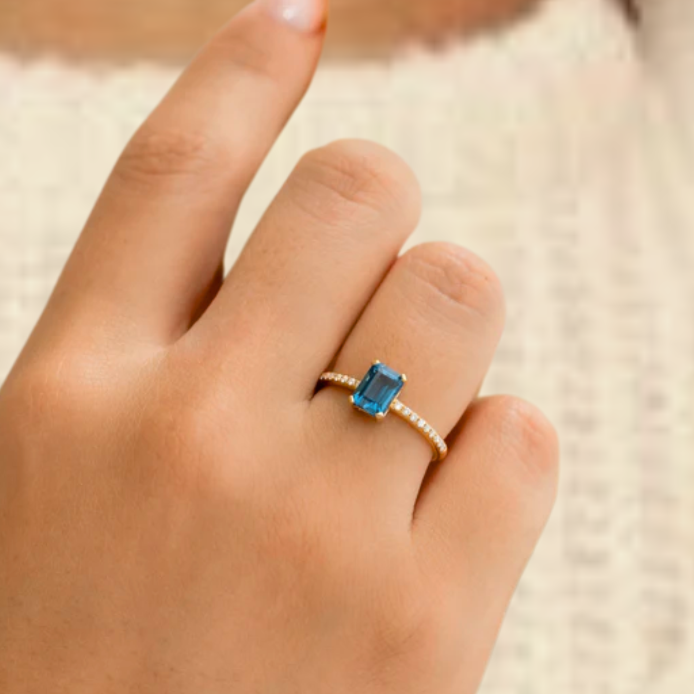 14K London Blue Topaz Emerald Cut Engagement Ring Statement Half Eternity Band