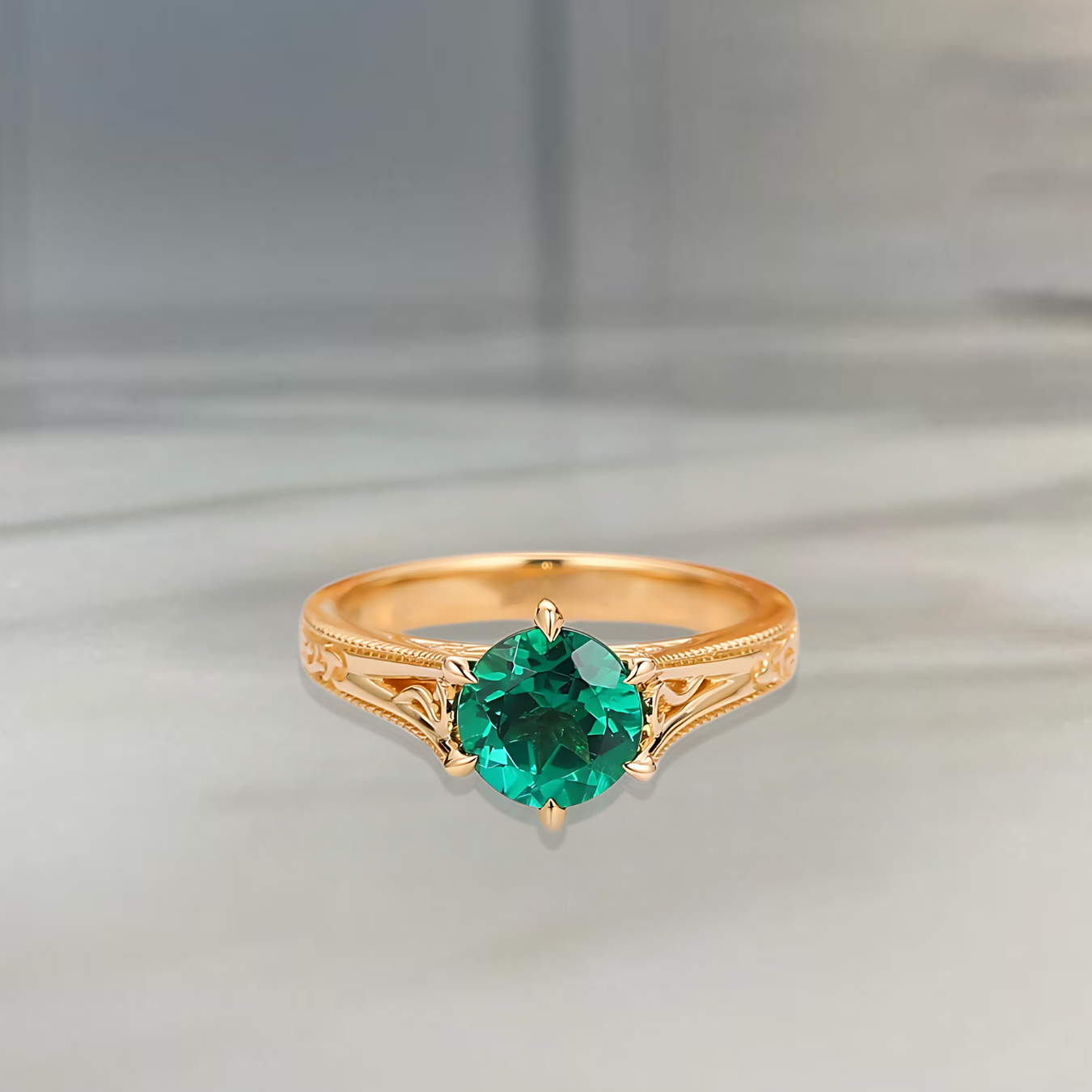 14K Solid Gold Green Gemstone Engagement Ring | Antique Filigree Emerald Ring.