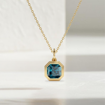 1.35 Ct Blue Topaz Necklace | 14K Gold Asscher Cut Bezel Set Pendant