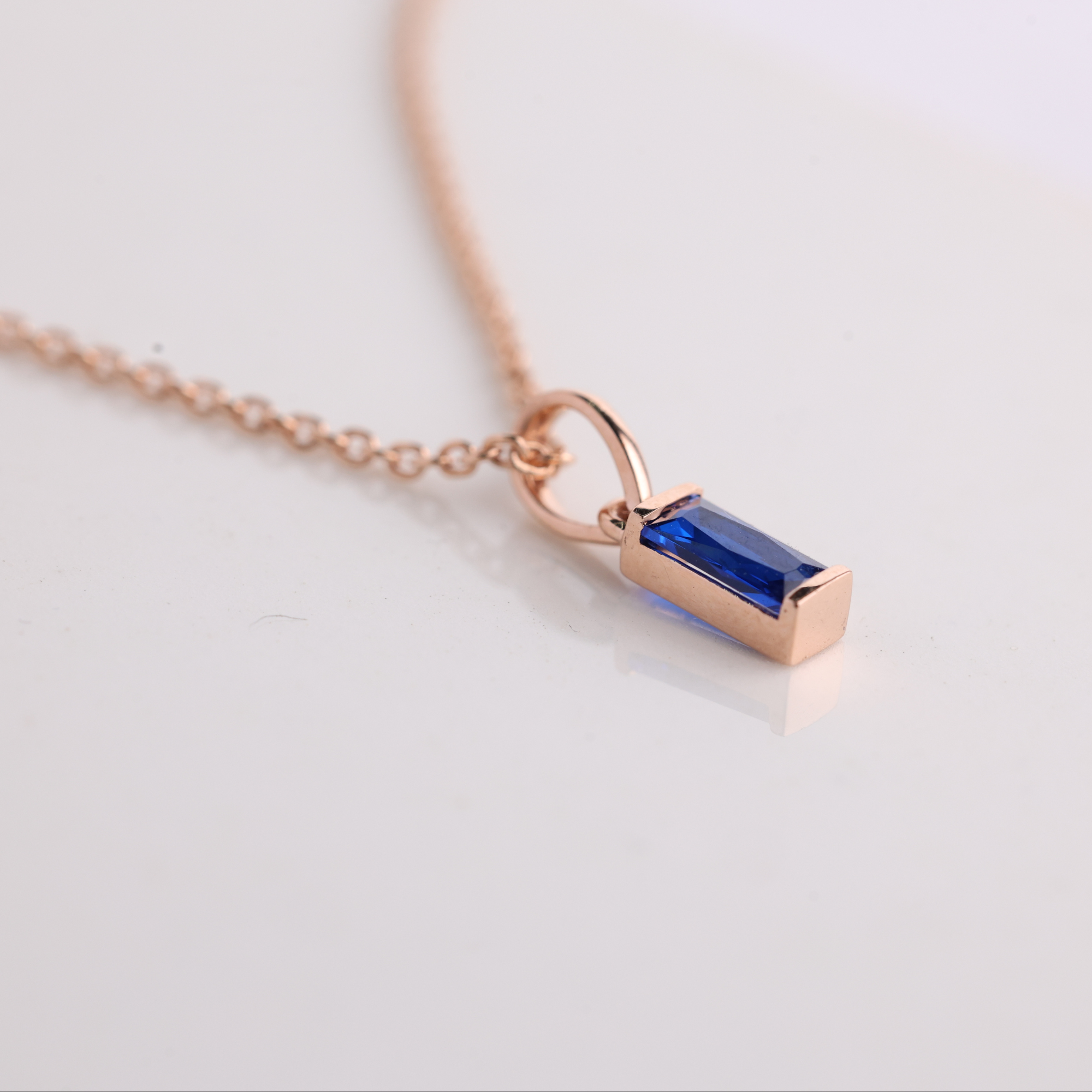 14K Blue Sapphire Pendant Solid Gold Baguette Sapphire Necklace