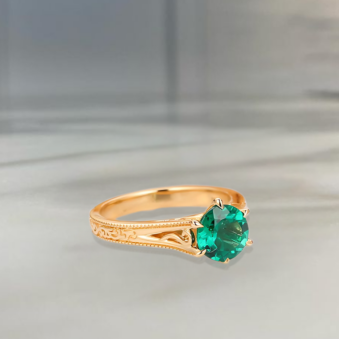 Solid Gold Green Gemstone Engagement Ring | Antique Filigree Emerald Ring