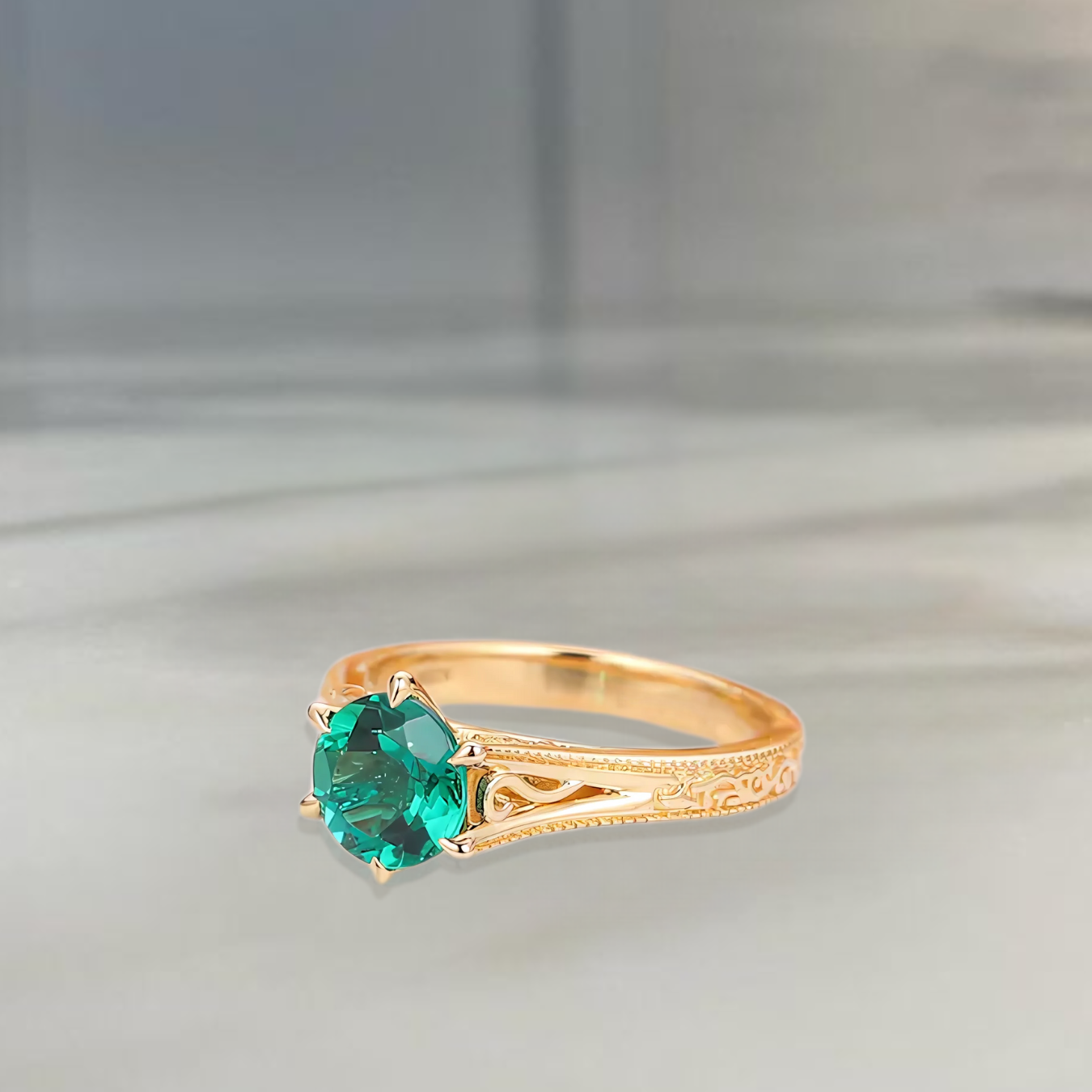 14K Solid Gold Green Gemstone Engagement Ring | Antique Filigree Emerald Ring.