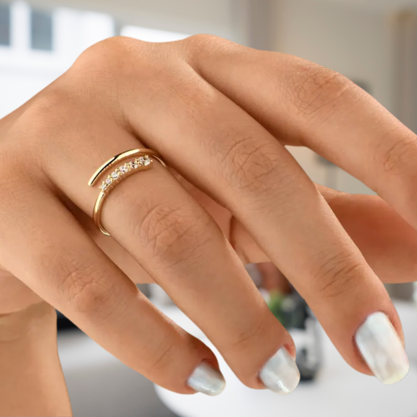 14K Solid Gold Spiral Open Ring, Lab Diamond Wrap Around Ring