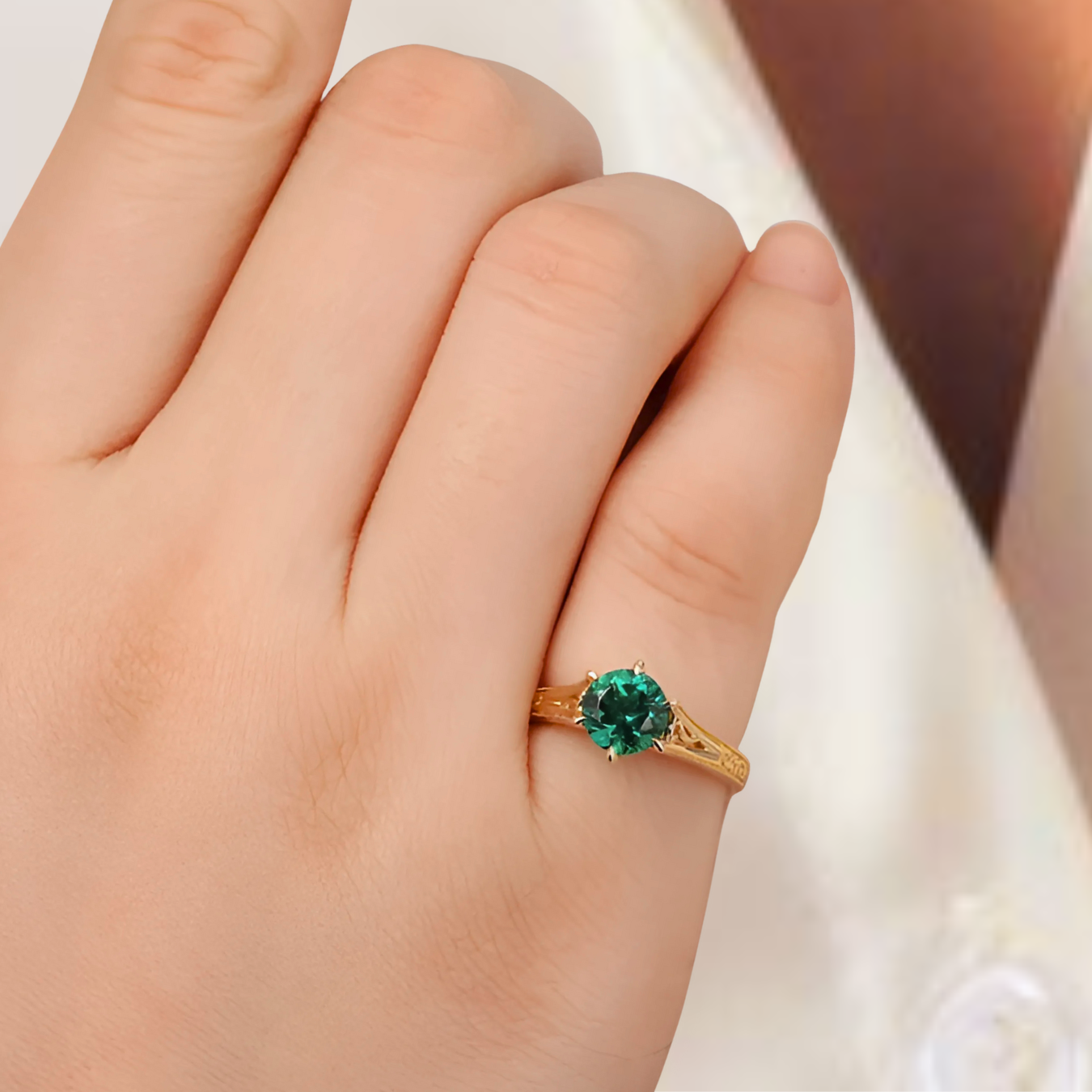 14K Solid Gold Green Gemstone Engagement Ring | Antique Filigree Emerald Ring.