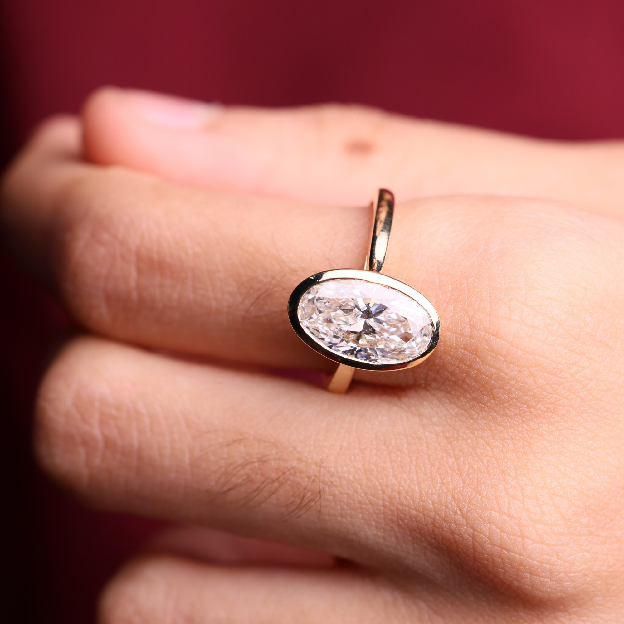 14K Gold Oval 2 Carat Lab Grown Diamond Bezel Set Solitaire Engagement Ring