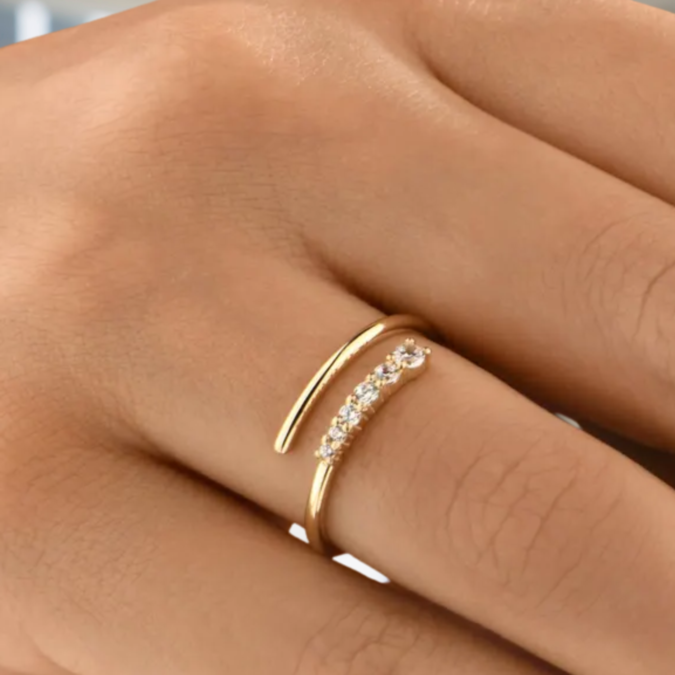 14K Solid Gold Spiral Open Ring, Lab Diamond Wrap Around Ring