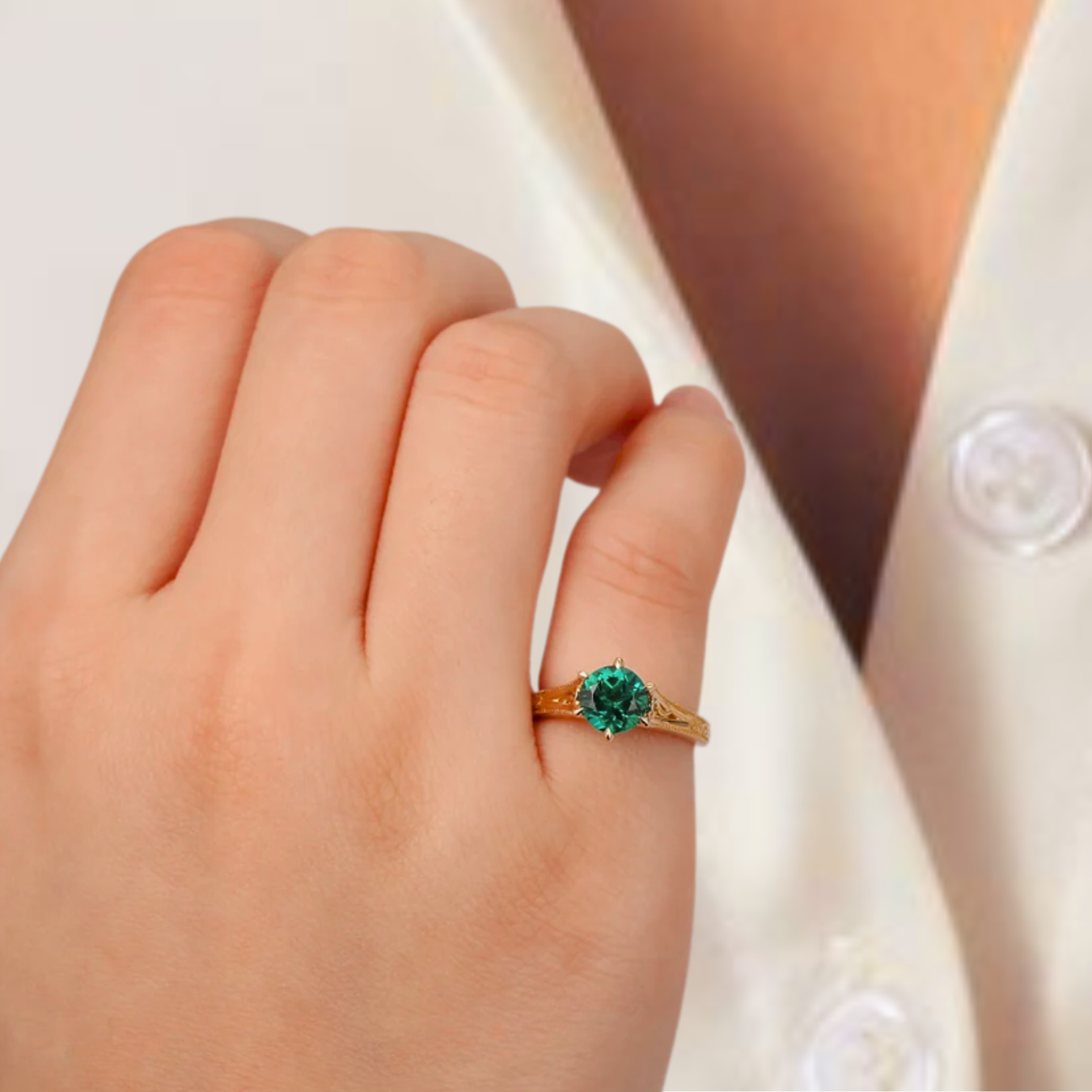 14K Solid Gold Green Gemstone Engagement Ring | Antique Filigree Emerald Ring.