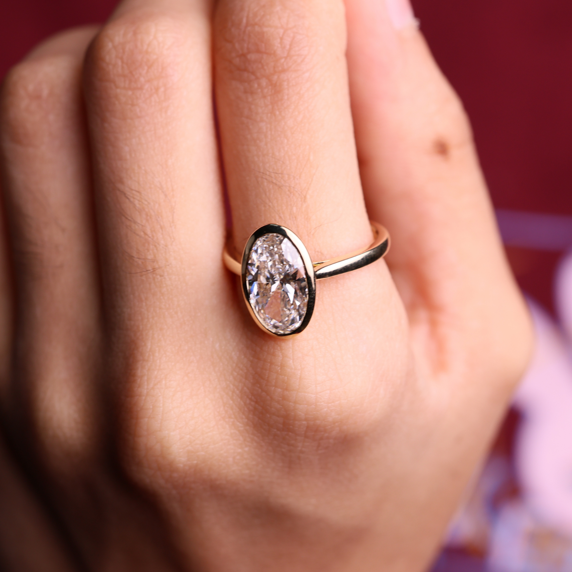 14K Gold Oval 2 Carat Lab Grown Diamond Bezel Set Solitaire Engagement Ring