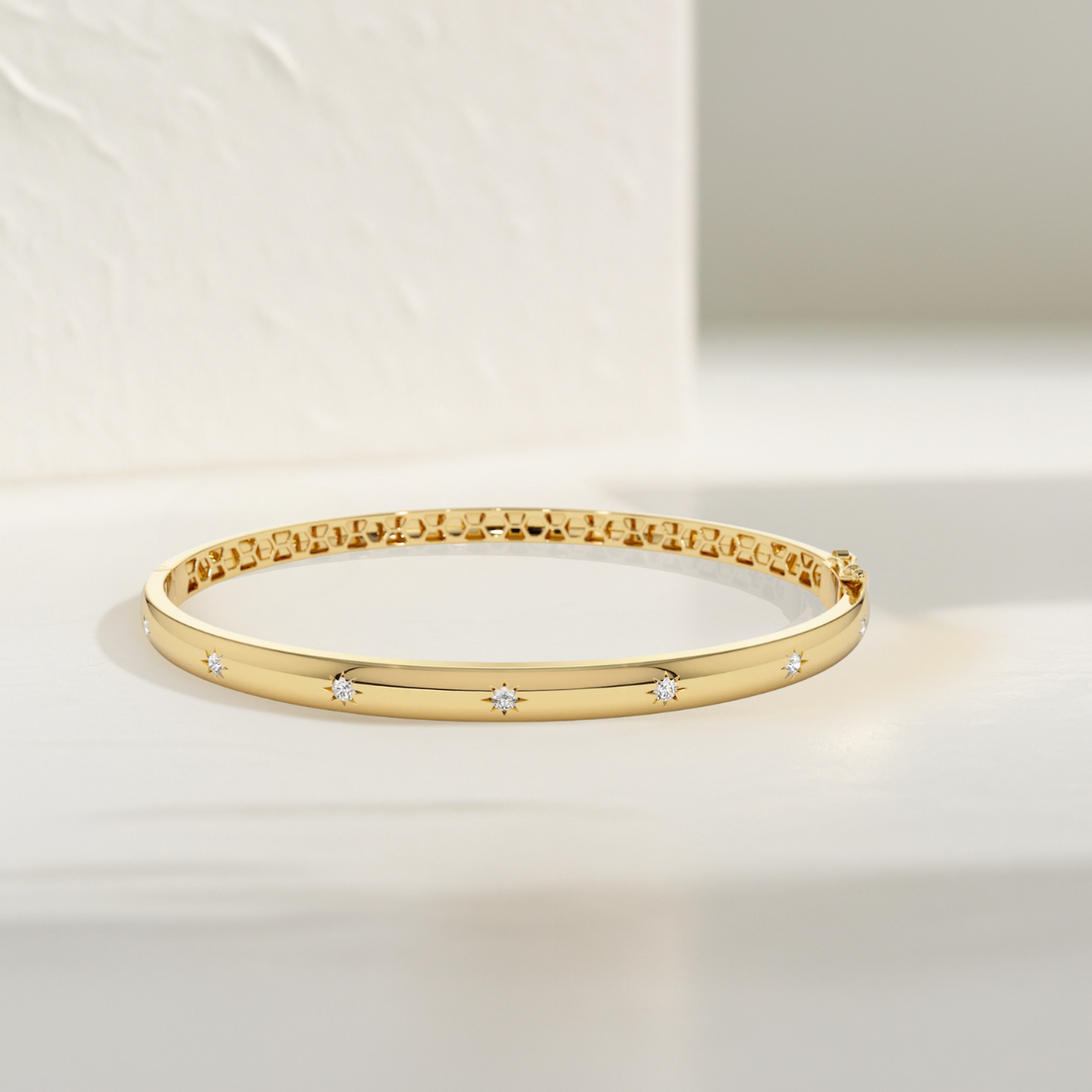 14K Gold Starburst Bracelet, Real Gold Dome Diamond Bracelet Bangle