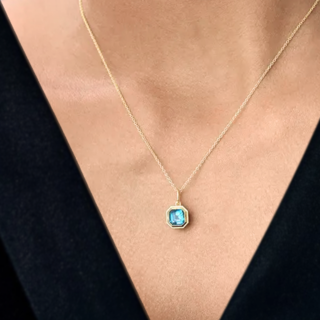 1.35 Ct Blue Topaz Necklace | 14K Gold Asscher Cut Bezel Set Pendant