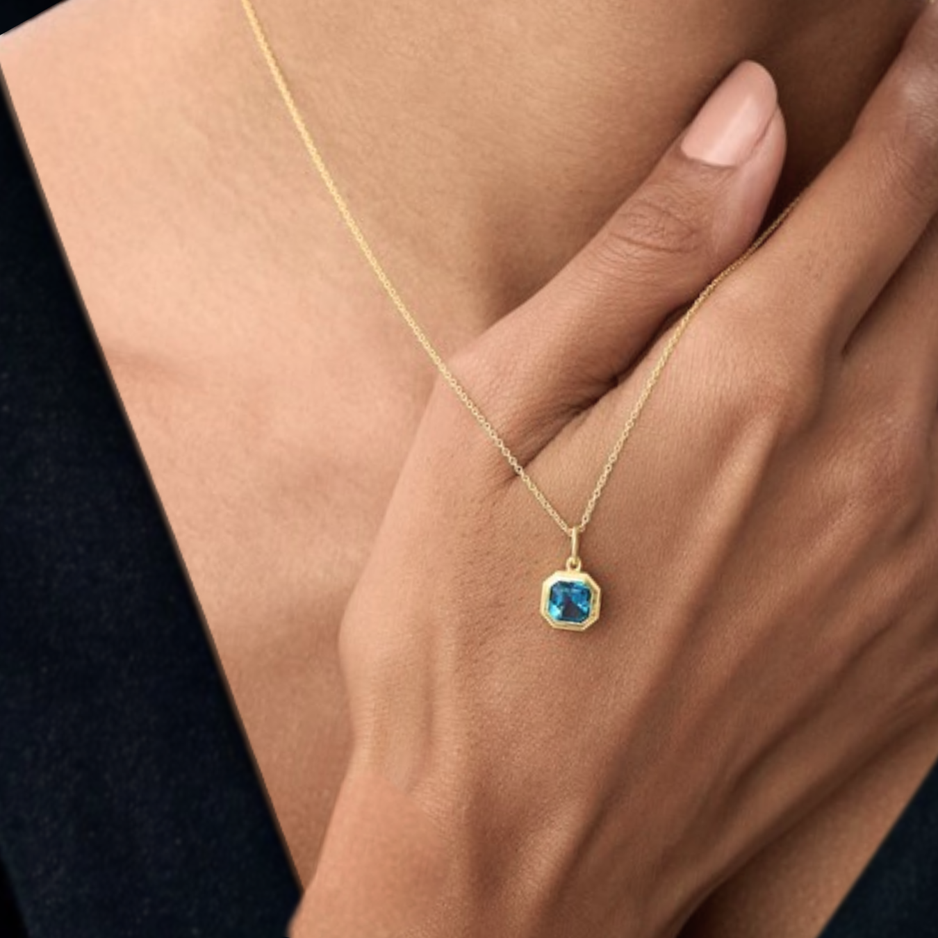 14K Gold Asscher Cut Bezel Set Pendant 1.35 Ct Blue Topaz Necklace