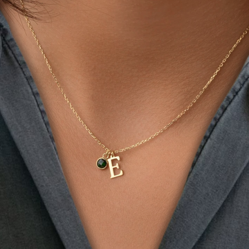14K Solid Gold Initial Necklace with Birthstone, Custom Initial Necklace