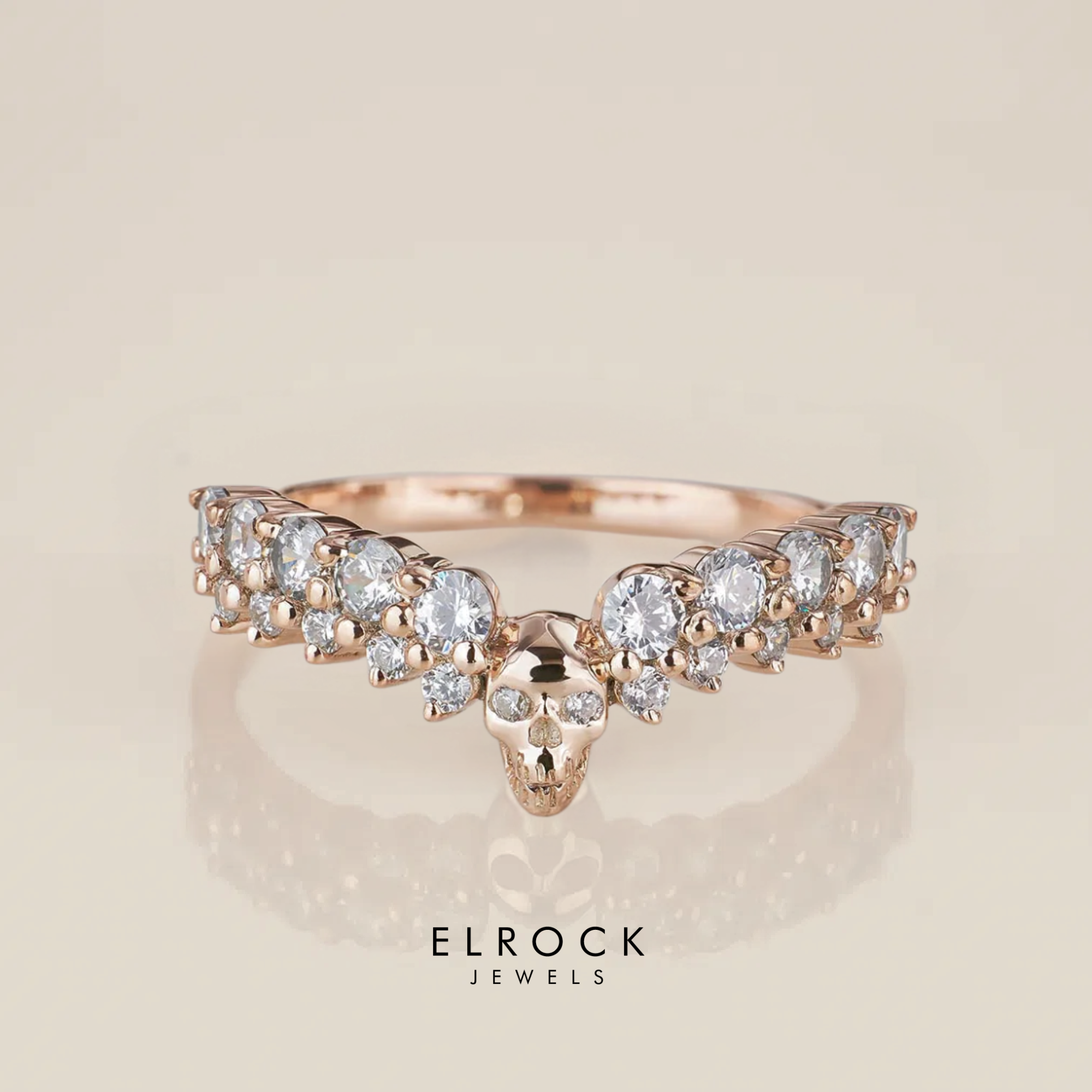14K Skull Wedding Band with Round Cut Lab Grown Diamonds, Gothic Ring Promise Ring for Her