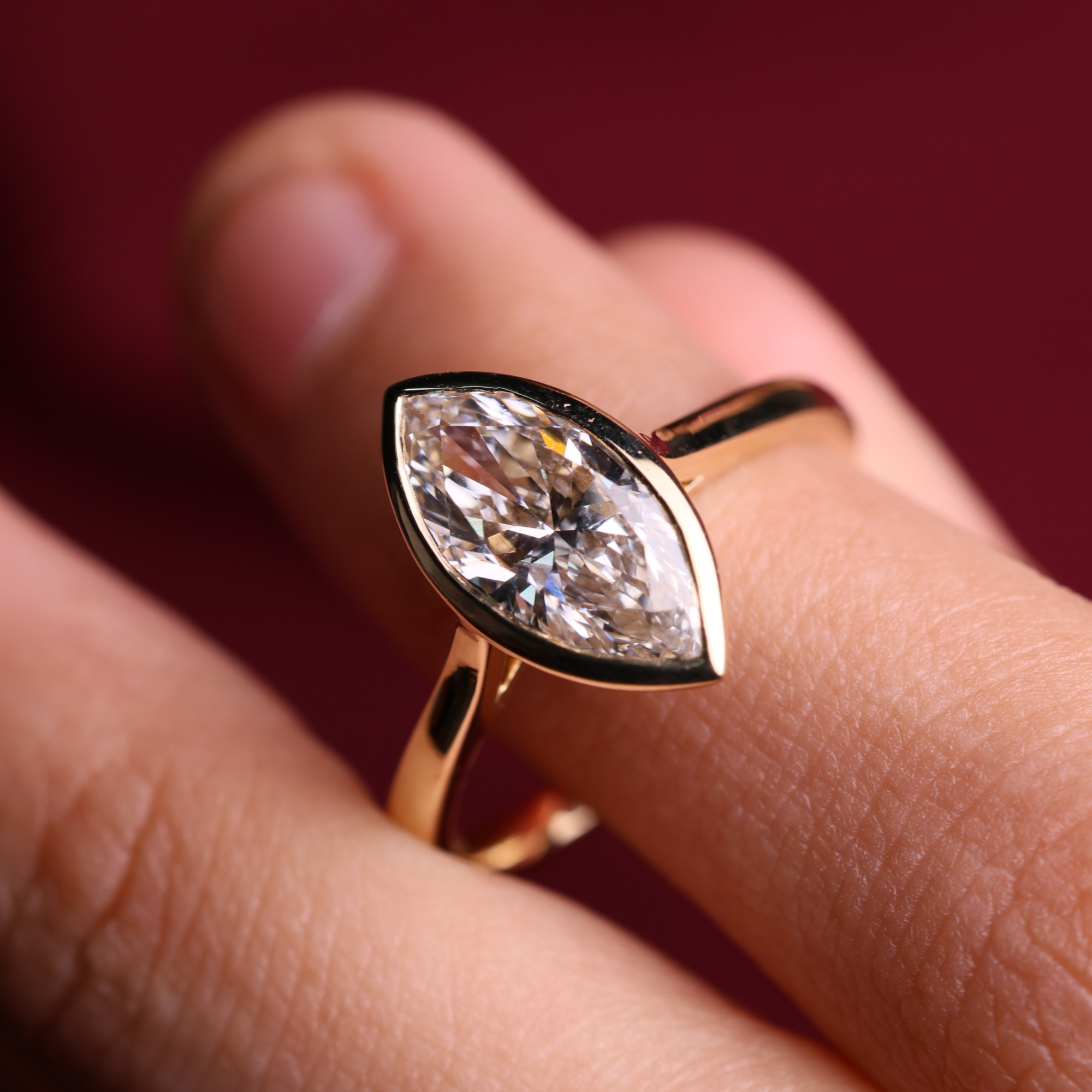 14K Gold Marquise Cut Lab Grown Solitaire Bezel Set Diamond Ring