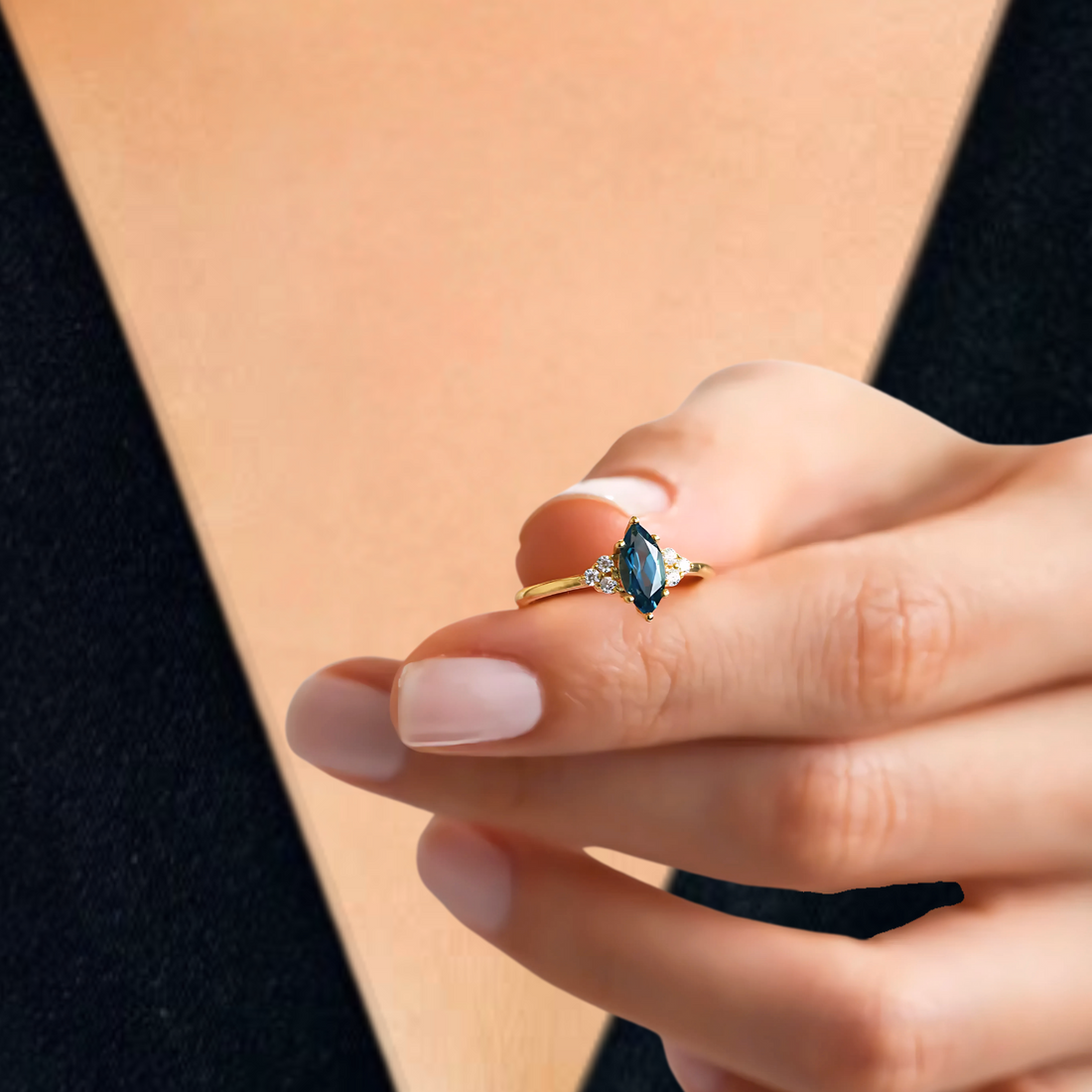 0.58 Ct Marquise cut London blue Topaz Engagement ring,14K Anniversary Bridal Ring