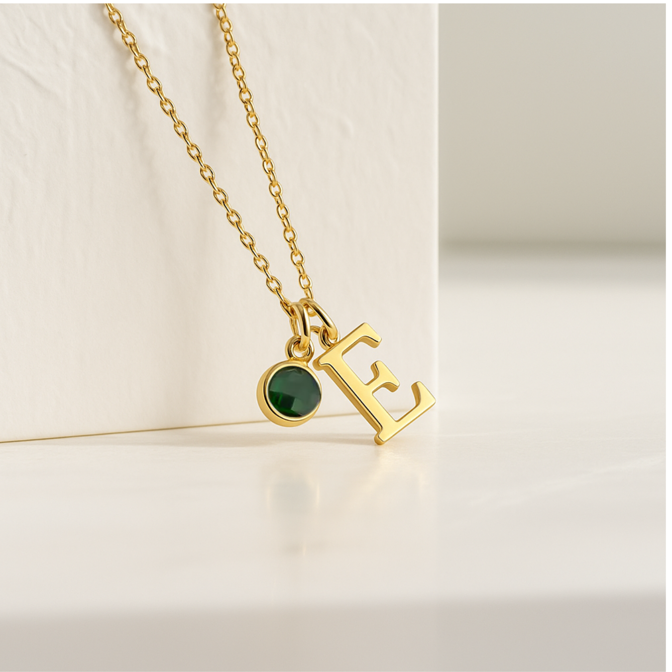 14K Solid Gold Initial Necklace with Birthstone