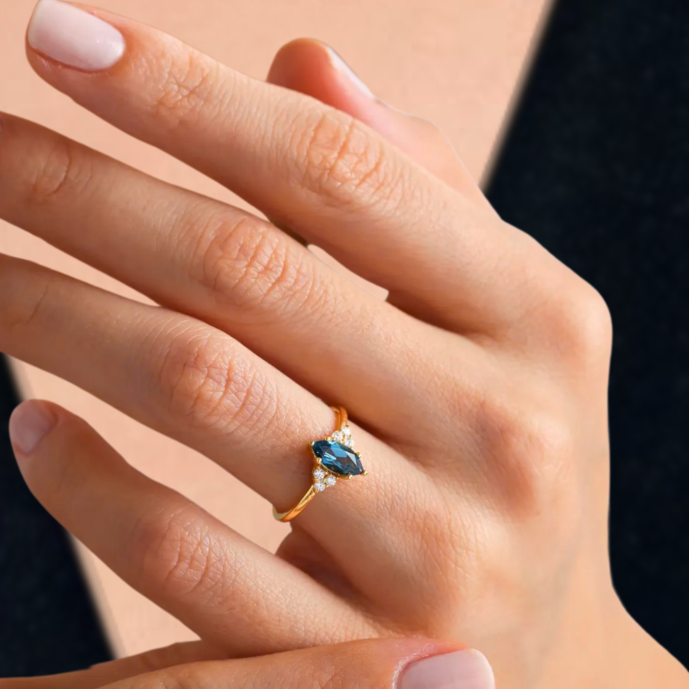 14K Anniversary Bridal Ring ,0.58 Ct Marquise cut London blue Topaz Engagement ring