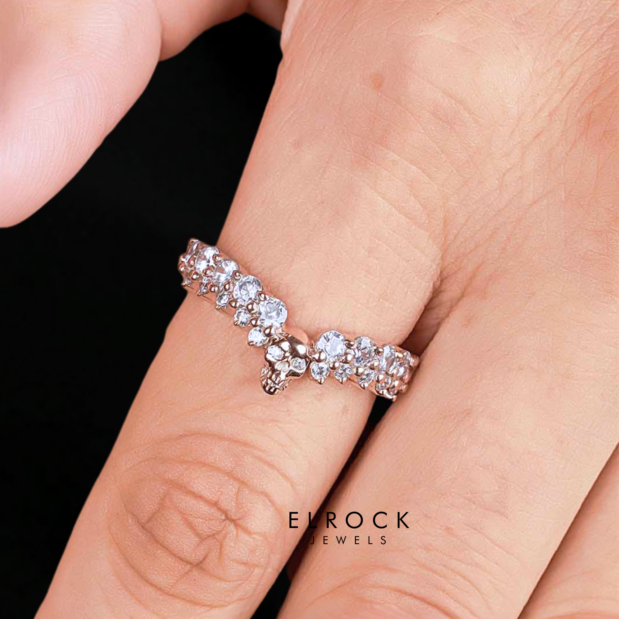 14K Skull Wedding Band with Round Cut Lab Grown Diamonds