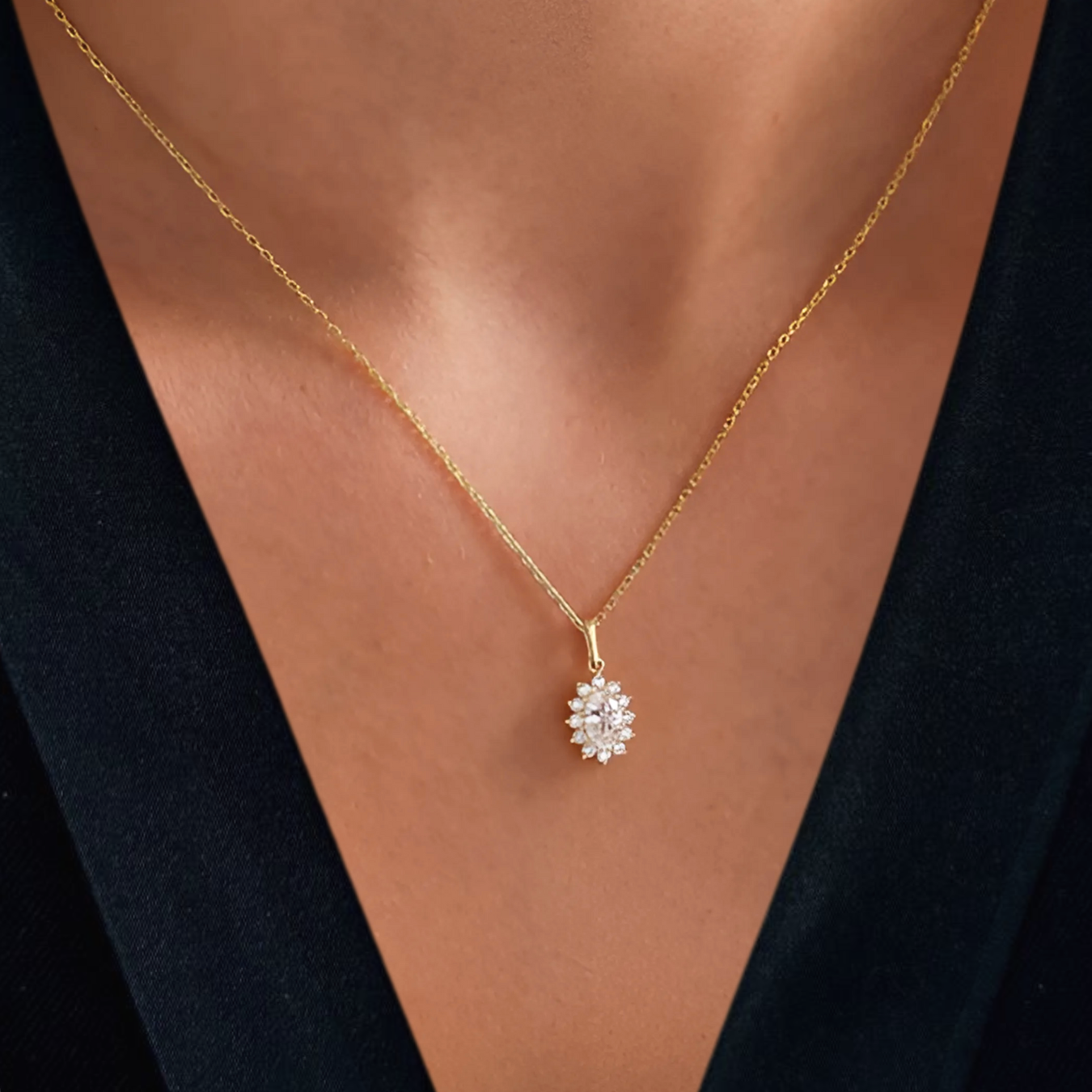 0.50 CT 14k Lab Grown Pendant Solid Gold | Dainty Oval Diamond Halo Necklace