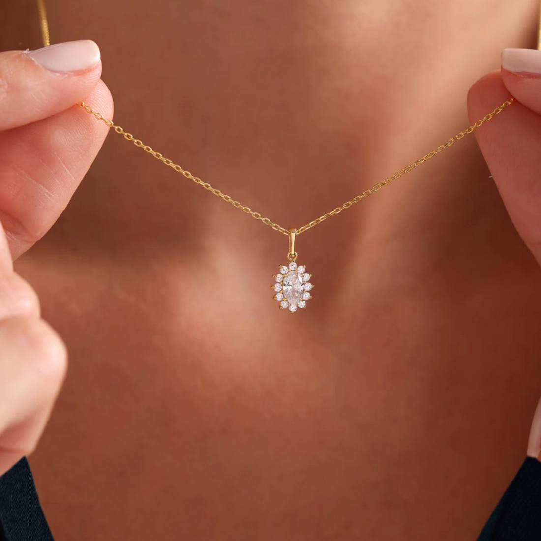 0.50 CT 14k Lab Grown Pendant Solid Gold | Dainty Oval Diamond Halo Necklace