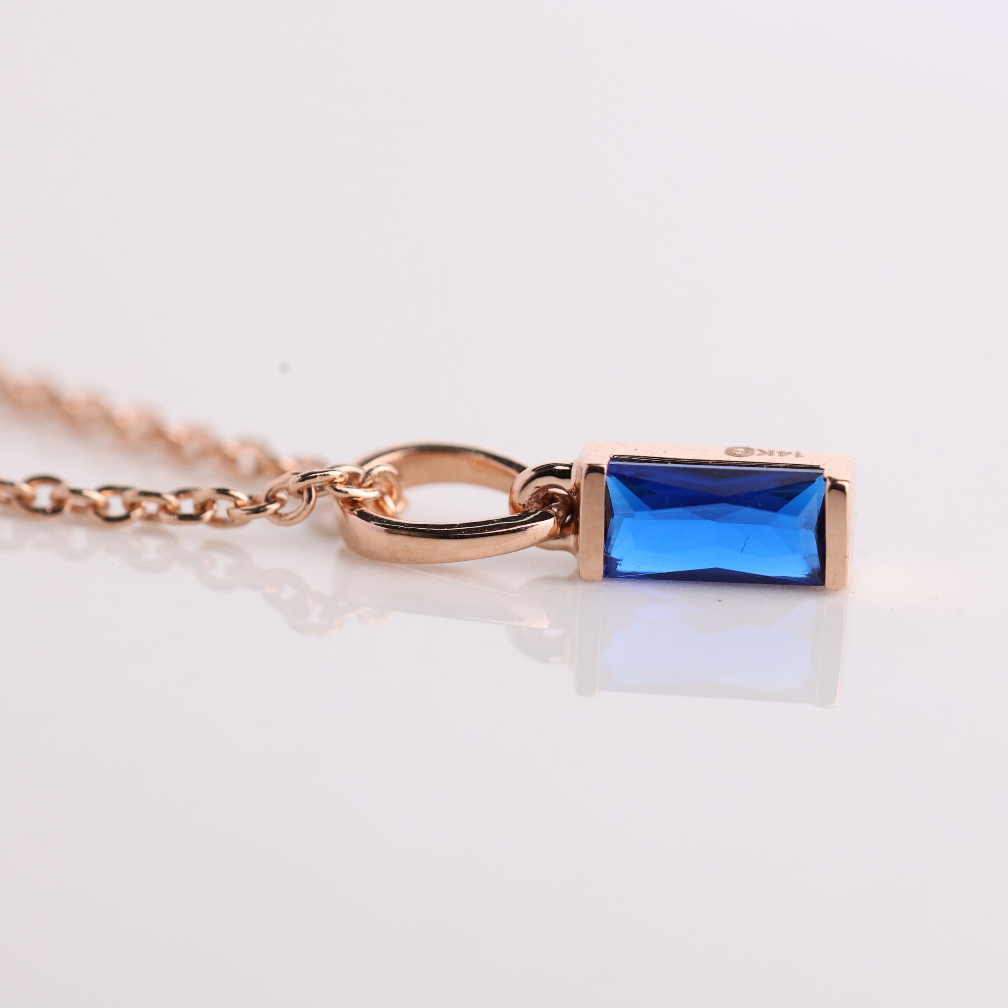 14K Blue Sapphire Pendant Solid Gold Baguette Sapphire Necklace