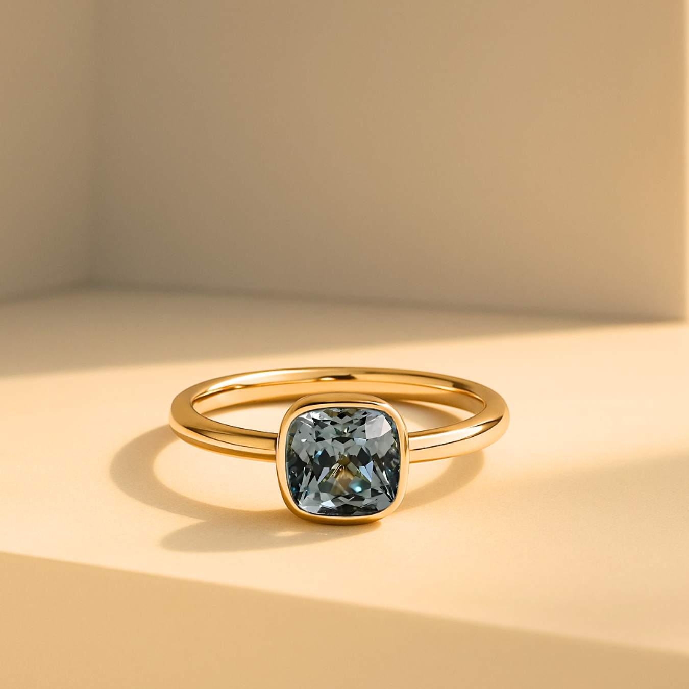 14k Solid Gold Cushion Lab Grown Blue Aquamarine Solitaire Engagement Ring