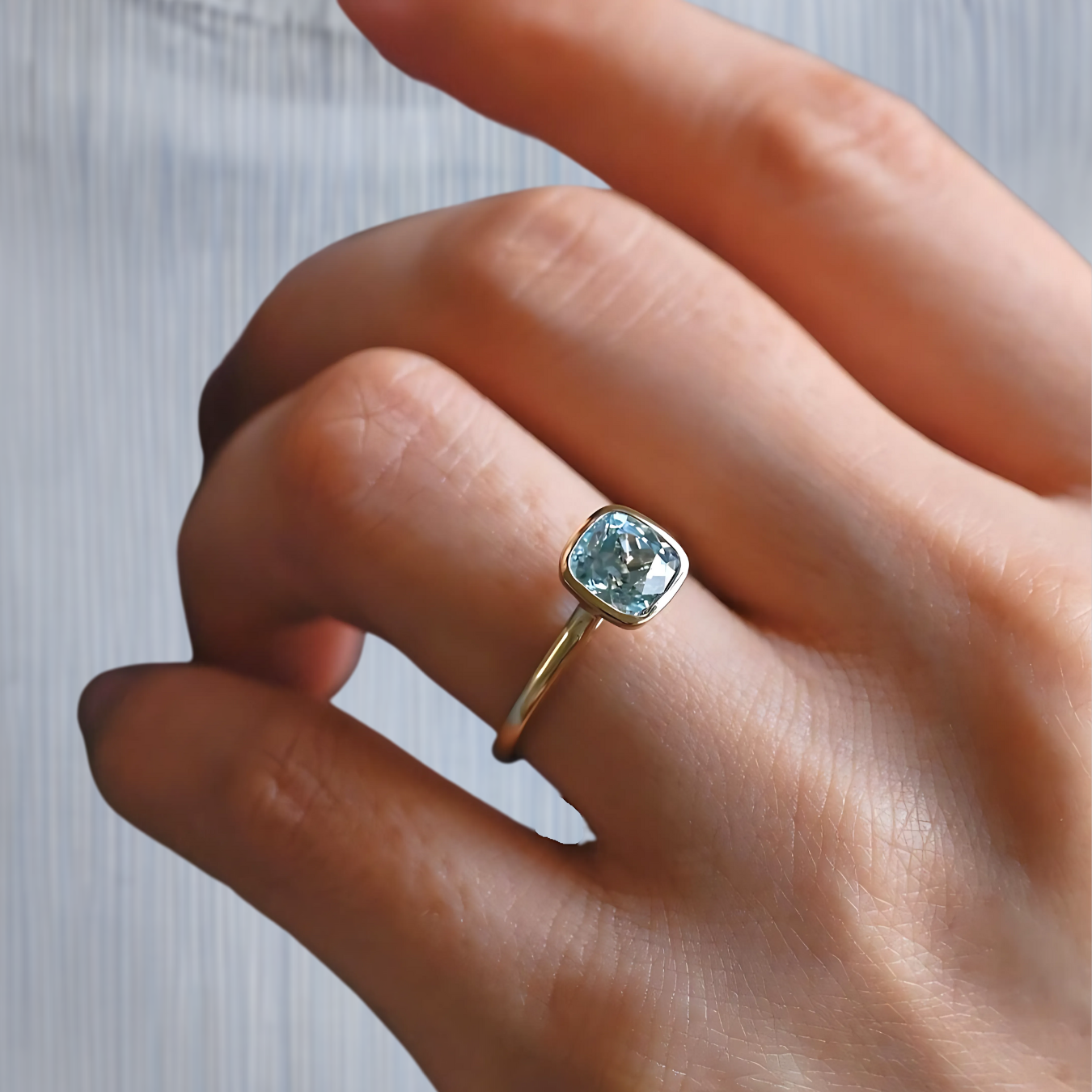 14k Solid Gold Cushion Lab Grown Blue Aquamarine Solitaire Engagement Ring