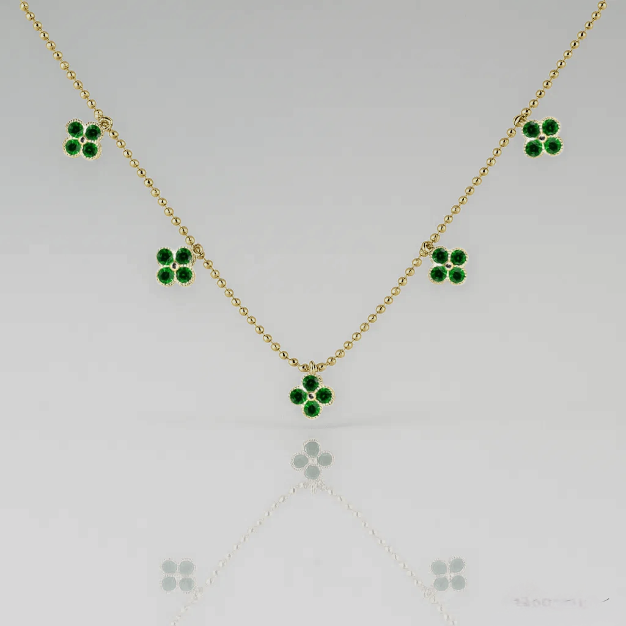 Yellow Gold Clover Necklace with Emerald Station, Charm Pendant, Handmade Floral Jewelry