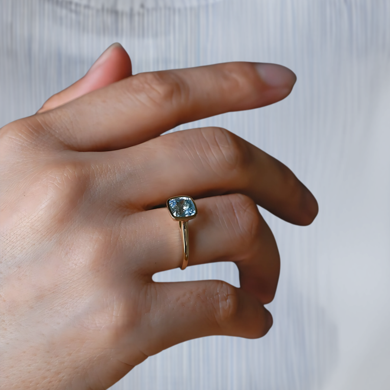 14k Solid Gold Cushion Lab Grown Blue Aquamarine Solitaire Engagement Ring
