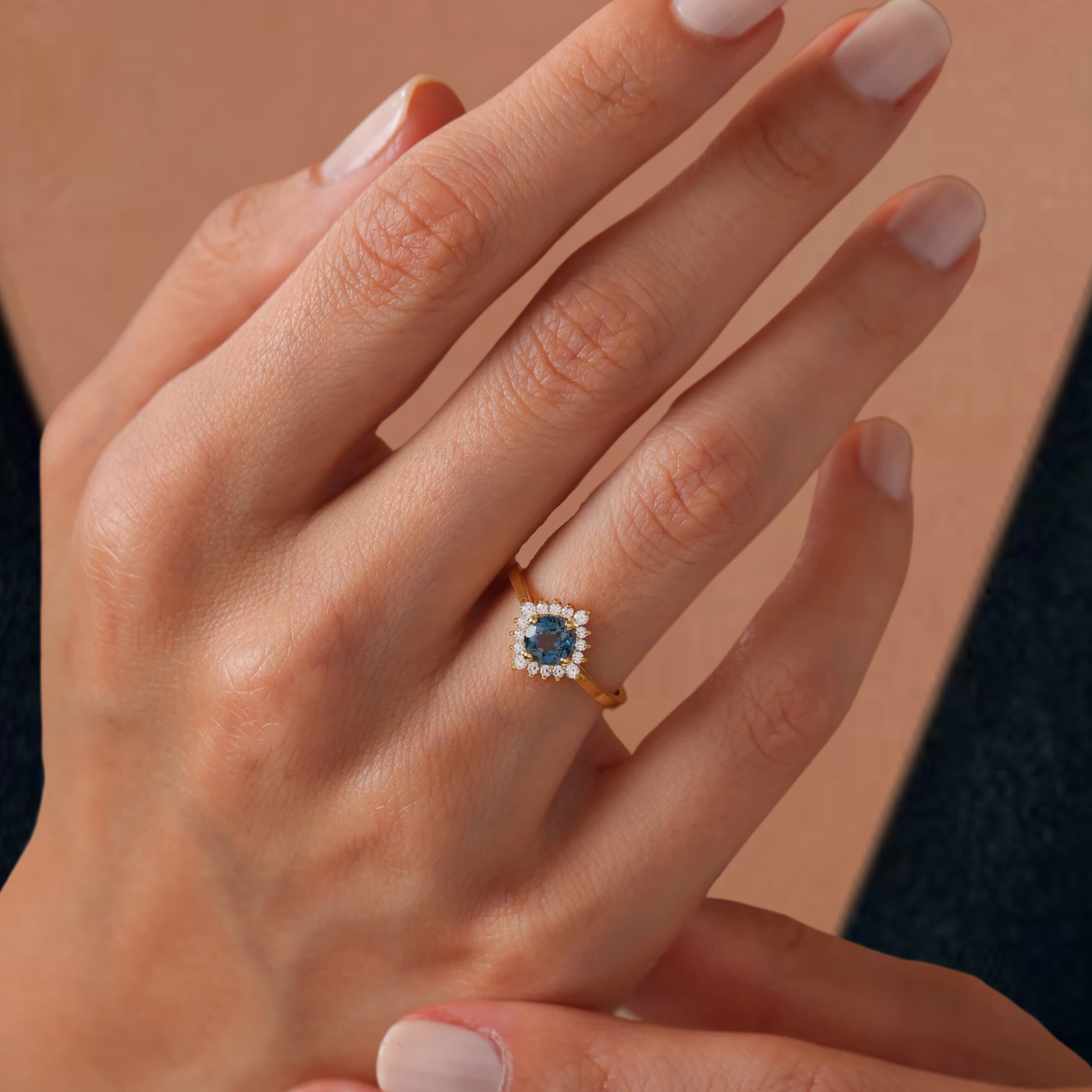 14K solid gold Round cut London blue 0.53 Ct Topaz Engagement ring.