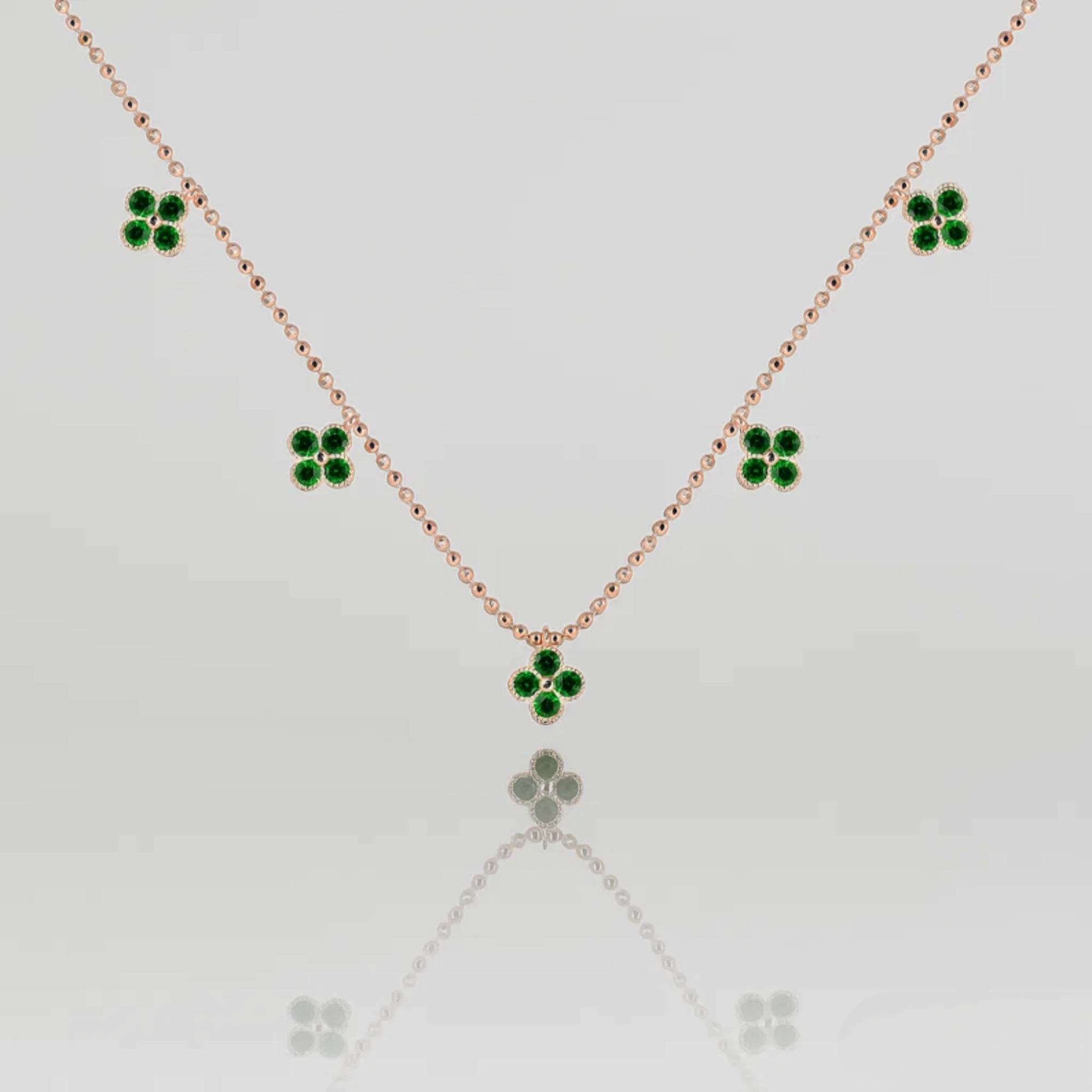 Yellow Gold Clover Necklace with Emerald Station, Charm Pendant, Handmade Floral Jewelry