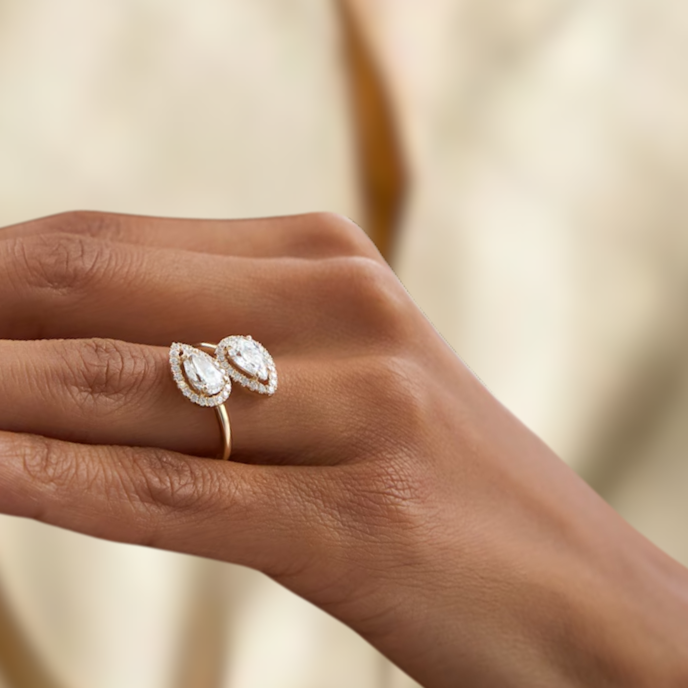 14K Cross Over Pear Shaped Halo Setting Lab Grown Diamond Ring