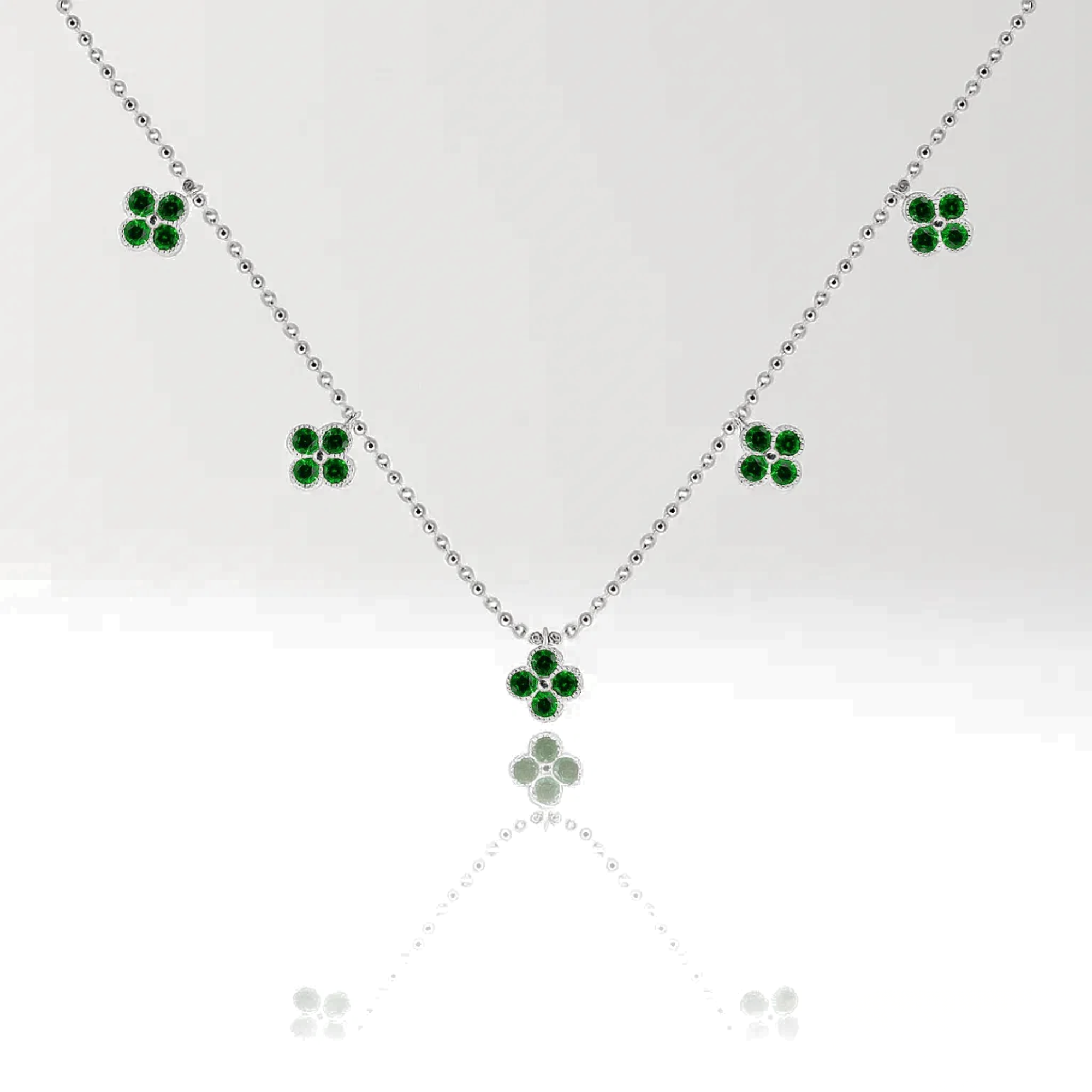 Yellow Gold Clover Necklace with Emerald Station, Charm Pendant, Handmade Floral Jewelry