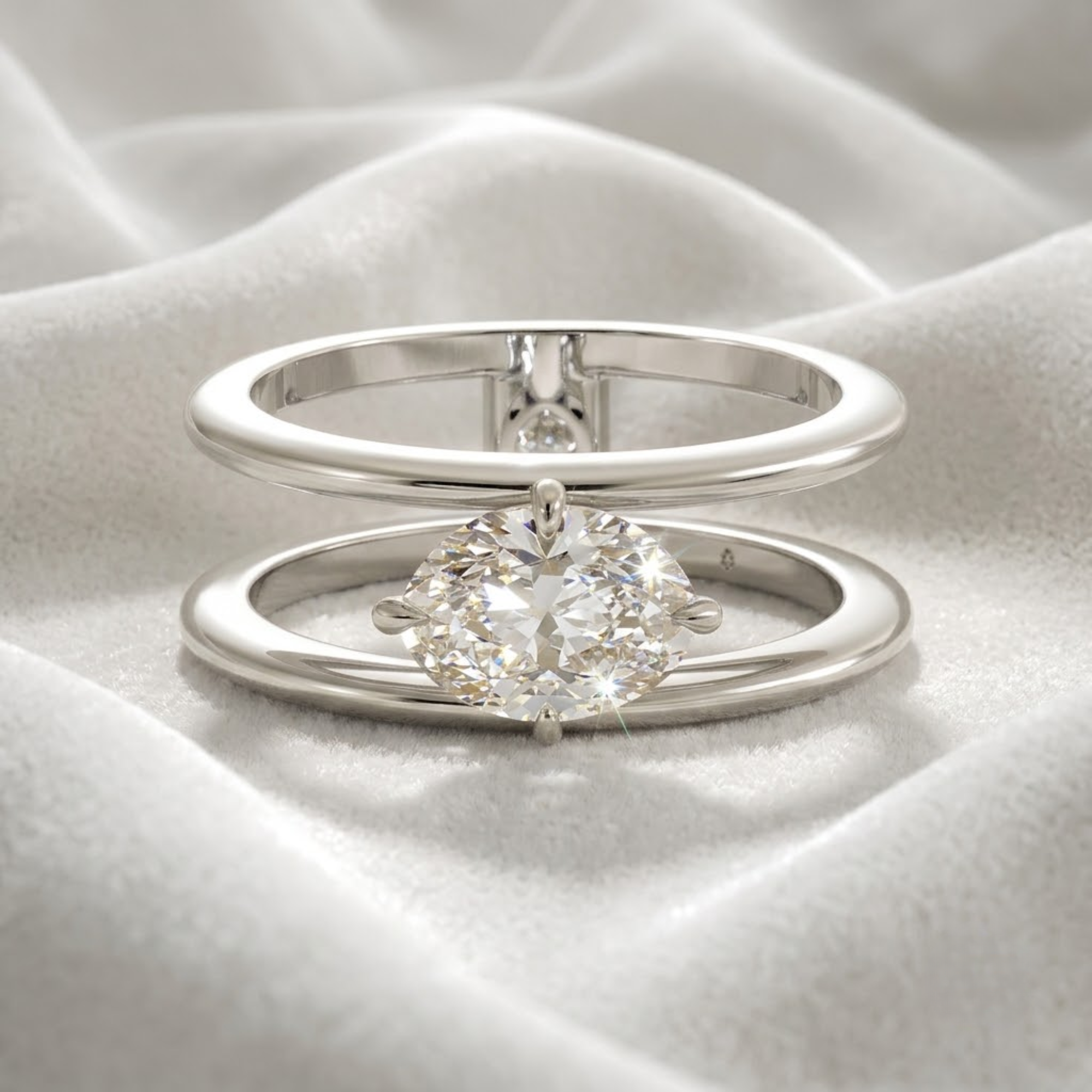 14K Solid White Gold Stacking Double Band Engagement Ring